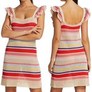 Rails June Ruffle-Sleeve Knit‎ Mini Dress in Tan Multi Stripe